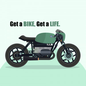 Illustration of a classic green and black motorcycle with the text 'Get a Bike, Get a Life.'