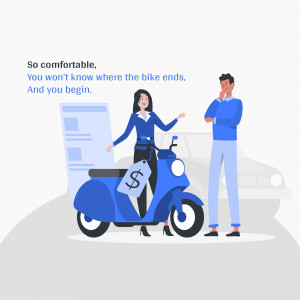 Illustration of a woman showing a scooter to a man with a price tag.