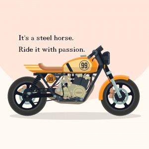 Illustration of a classic yellow and black motorcycle with the text 'It's a steel horse. Ride it with passion.'