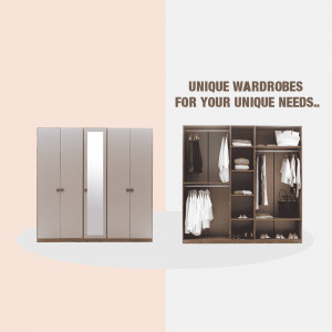 Image of modern wardrobes with mirrored doors and open shelving units.