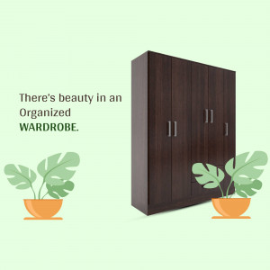 Dark wood wardrobe with monstera plants