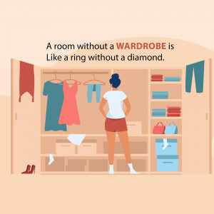 Illustration of a woman looking into an organized wardrobe with clothes, shoes, and accessories.
