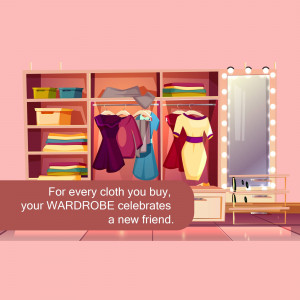 Illustration of a wardrobe filled with clothes and accessories.