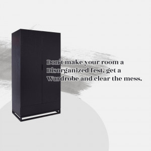 Dark brown wardrobe with text overlay promoting organization