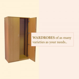 A light brown wooden wardrobe with both doors open, revealing shelves inside.