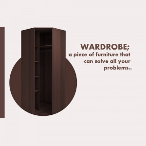 Image of a dark brown corner wardrobe with open doors, showcasing interior shelving.