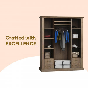 A large wooden wardrobe with shelves, hanging space, and drawers.