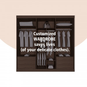 Image of a dark brown wardrobe with clothes and accessories inside, with text overlay 'Customized WARDROBE (of your delicate clothes)'