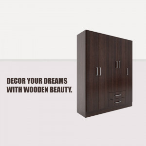A dark brown wooden wardrobe with four doors and two drawers.