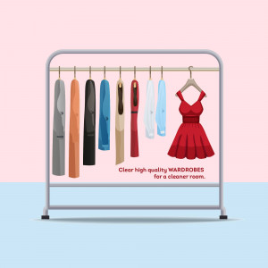 Illustration of a clothing rack with various garments hanging on it.