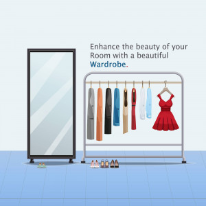 Illustration of a wardrobe with clothes and a full-length mirror