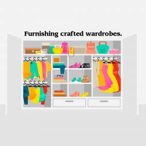 Illustration of a white wardrobe filled with clothes, shoes, and accessories.