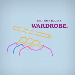 Illustration of colorful hangers with the text 'Gift Your Room a Wardrobe.'