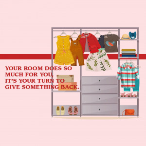 Illustration of a wardrobe filled with clothes with text promoting clothing donation.