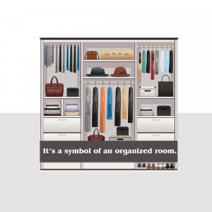 Illustration of a neatly organized wardrobe with clothes, shoes, and accessories.