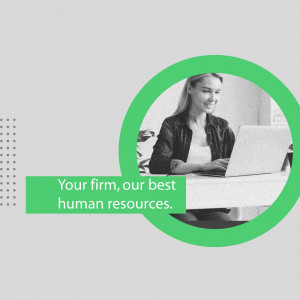 Woman working on laptop with green graphic elements