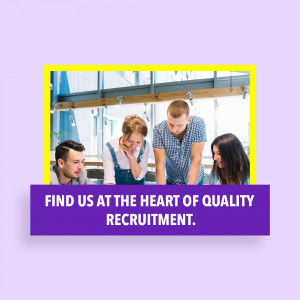 Four colleagues looking at something together, with recruitment text overlay