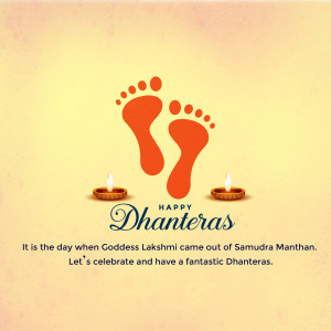 Dhanteras greeting with footprints of Goddess Lakshmi and lit diyas