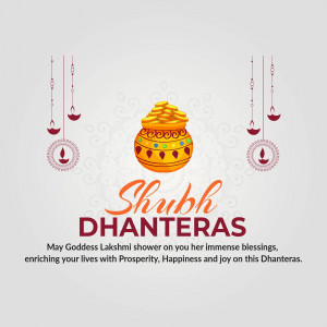 Shubh Dhanteras greeting with a pot of gold coins and traditional decorations.