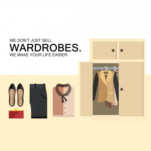 Illustration of a wardrobe with clothes and accessories, promoting wardrobe organization services.