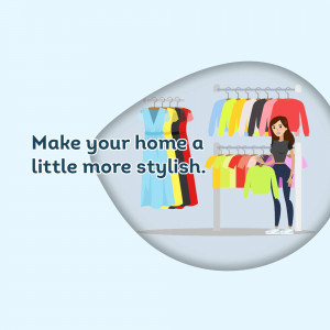 Illustration of a woman in front of a clothing rack inside a bubble shape.