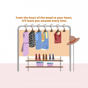 Illustration of a clothing rack with various garments and accessories.