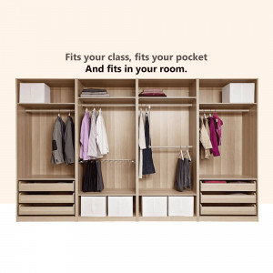 Light wood modular wardrobe with clothes hanging and storage boxes