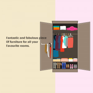 Illustration of a modern wardrobe with clothes and accessories inside.