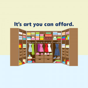 Illustration of a wardrobe filled with colorful clothes and accessories.