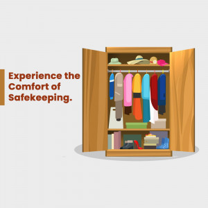 Illustration of an open wooden wardrobe filled with colorful clothes and accessories.