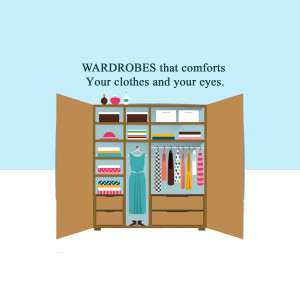 Illustration of an open wardrobe with neatly organized clothes and accessories.