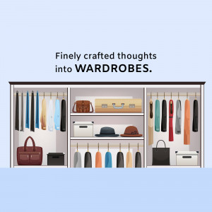 Illustration of a well-organized wardrobe with clothes, bags, and boxes.