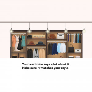 Illustration of a well-organized wardrobe with clothes, shoes, and accessories.