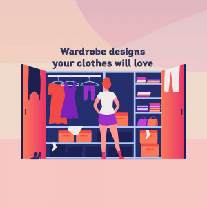 Illustration of a woman looking at her organized wardrobe filled with clothes and accessories.