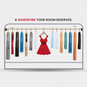 Illustration of a clothing rack with various garments, including a prominent red dress.