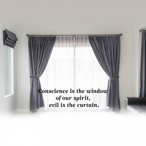 Gray curtains framing a bright window with a philosophical quote.