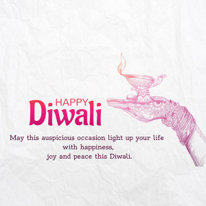 Illustration of a hand holding a lit diya with 'Happy Diwali' text