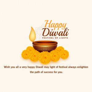 Diwali greeting with a lit diya and marigolds