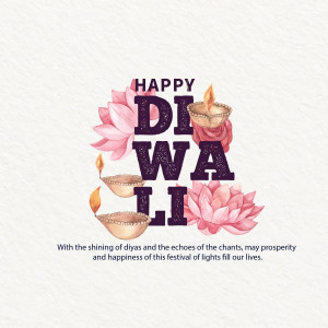 Watercolor illustration of Diwali lamps and lotus flowers with the text 'Happy Diwali'
