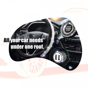 Car interior with steering wheel and start/stop engine button, advertising car services.