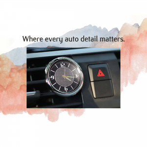 Close-up of a clock mounted on a car dashboard with a warning triangle, with text 'Where every auto detail matters.'