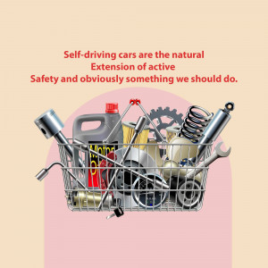 Basket of car parts with text about self-driving cars