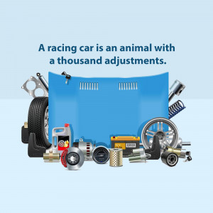 An illustration of racing car parts arranged around a blue background with text.