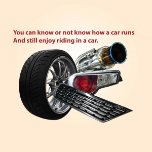 Image of car parts including a tire, exhaust pipe, and grill with text about enjoying a car ride.