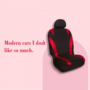 Black and red car seat cover on a pink background