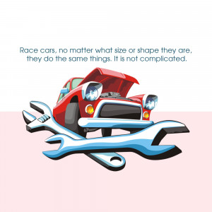 Cartoon illustration of a red car with the hood open and wrenches surrounding it.