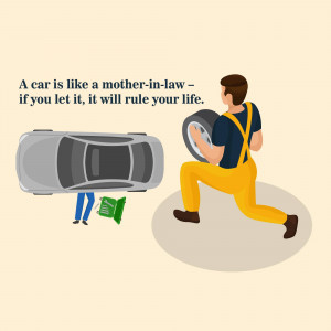 Illustration of a man struggling with a car tire, with a humorous quote about cars and mothers-in-law.