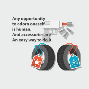 Illustration of tires with price tags and a spray paint can, representing customization and accessories.