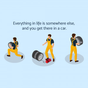 Illustration of mechanics carrying tires with motivational quote.