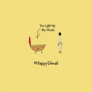 Cute illustration of a lit diya with a matchstick, wishing Happy Diwali.